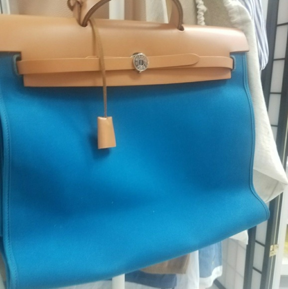 Hermès Herbag HERMESBlue Canvas and Natural Calfsk - Picture 2 of 5